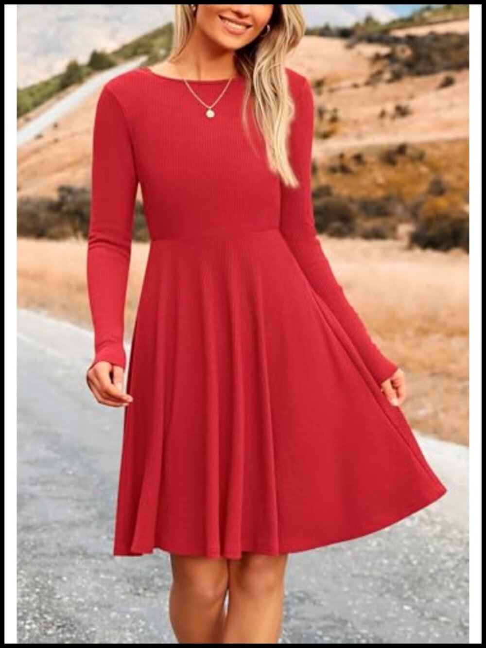 Ribbed Knit Long Sleeve A-Line Mini Sweater Dress Crewneck Stretch Casual - Picture 5 of 6